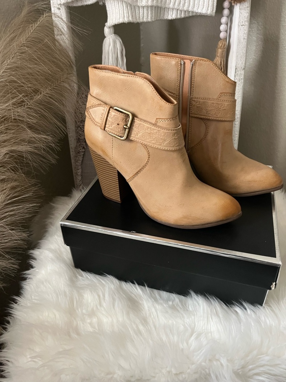 Classic Tan Buckle Ankle Booties with Stacked Heel